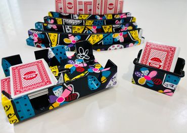 All 6 piece sets include 4 playing card racks, 1 revolving deck spinner and one extra card holder.