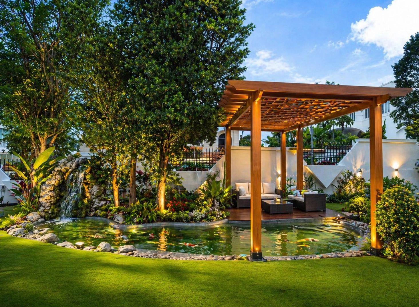 A serene garden with a wooden pergola, koi pond, and soft lighting.