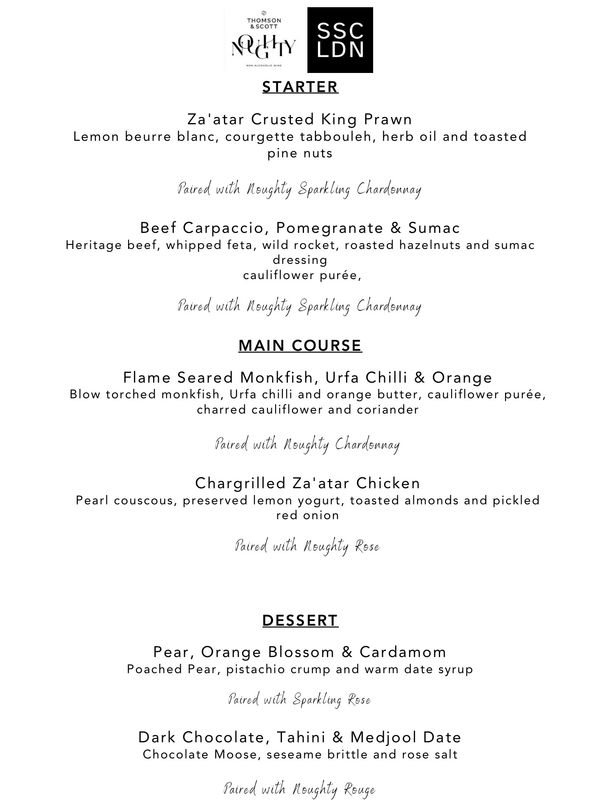 Elegant menu featuring starters, main courses, and desserts paired with sparkling wines.