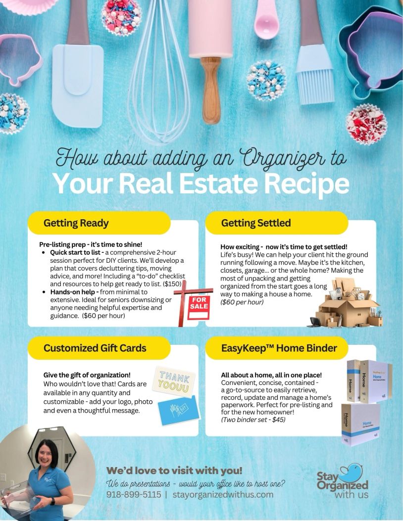 Real estate organizer services for decluttering and settling in.