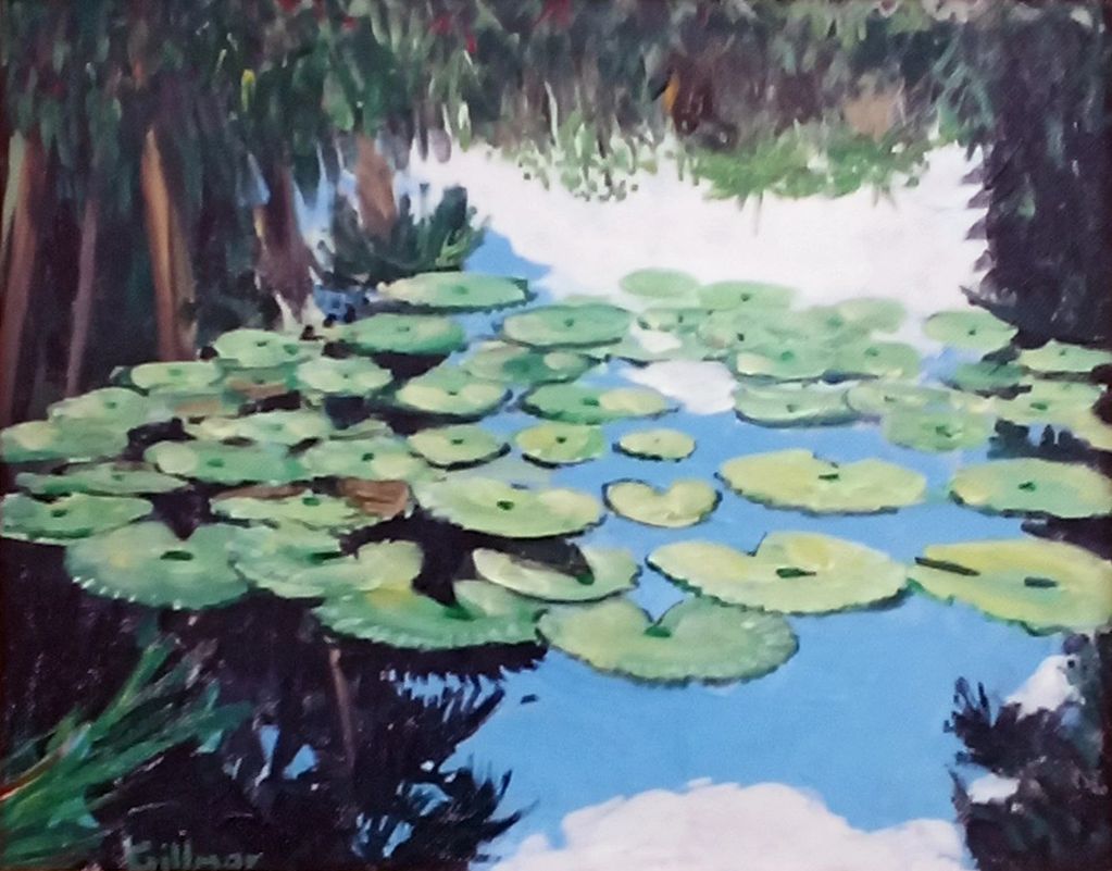 Painting of lily pads floating on a reflective pond surrounded by trees.