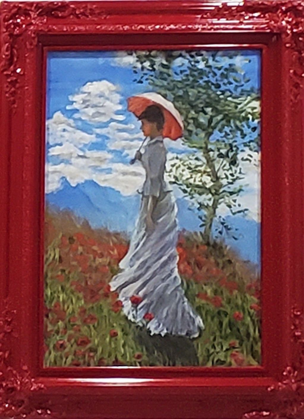 Woman in white dress with parasol in a red floral field under blue sky.