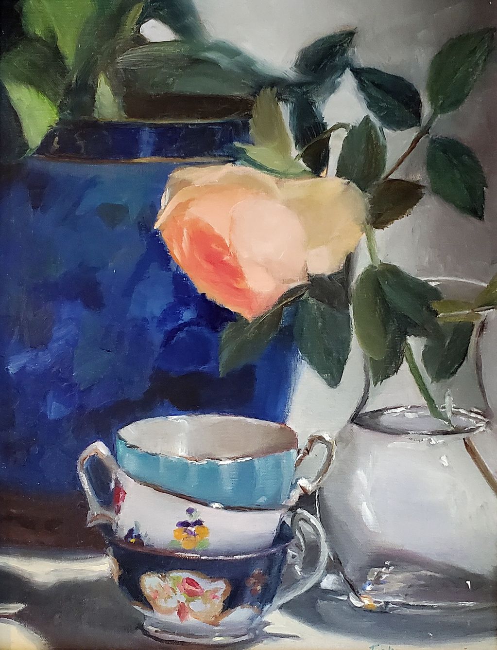 Still life painting of a rose, teacups, and vases.