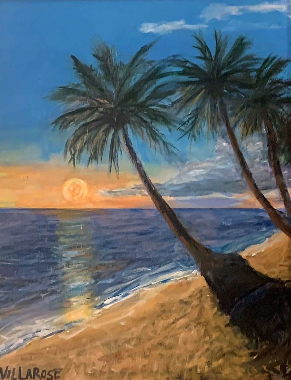 Painting of a sunset beach scene with palm trees and ocean waves.