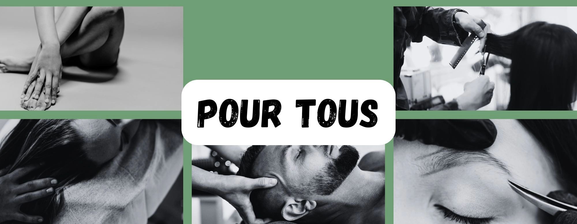 Collage of wellness and grooming services with 'Pour Tous' text in the center.