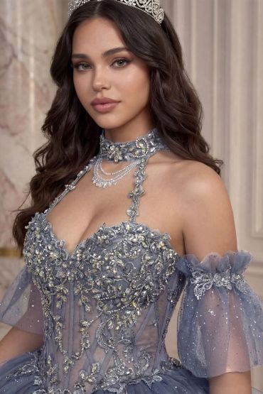 Young woman in an ornate, bejeweled gown with a tiara.