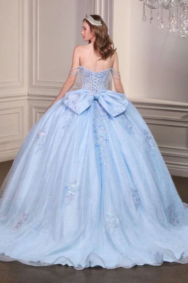 Woman in a light blue ball gown with a large bow and tiara.