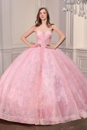 Woman in a pink ball gown and tiara.