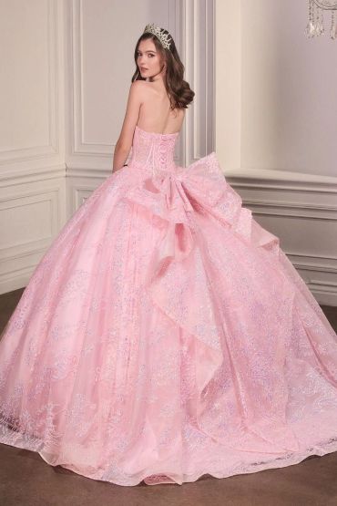 Woman in a glamorous pink ball gown with a tiara.