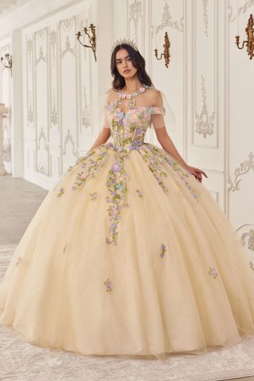 Woman in elegant floral ball gown and tiara.