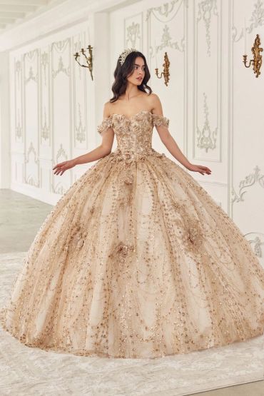 Woman in an elegant golden ball gown with a tiara.