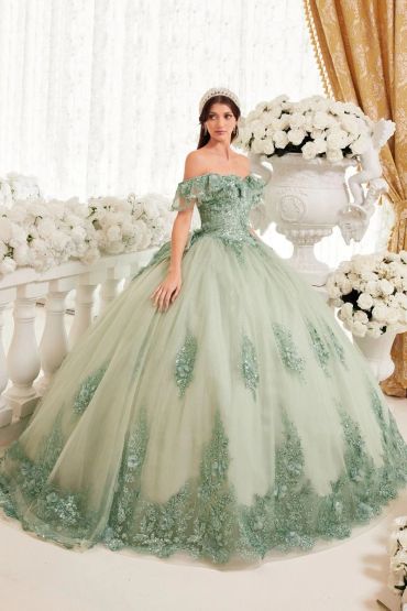 Woman in elegant green ball gown.