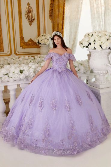 Woman in a lilac ball gown with a tiara.