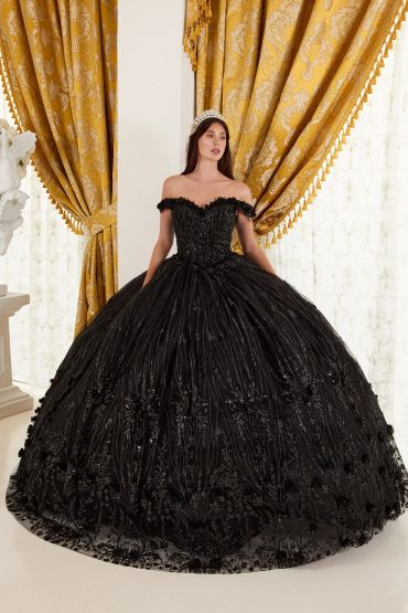 Woman in an elegant black ball gown with a tiara.