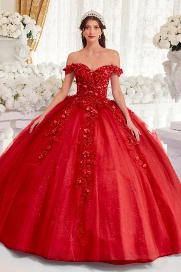 Woman in stunning red off-shoulder ball gown with floral details.
