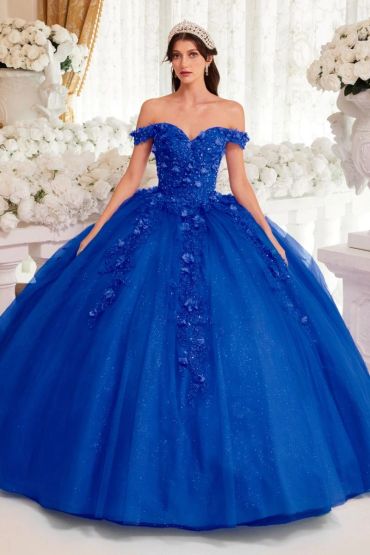Woman in a royal blue ball gown with floral details.