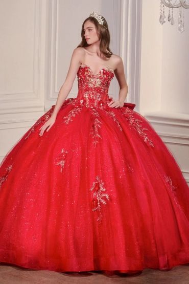 Woman in an elegant red ball gown.