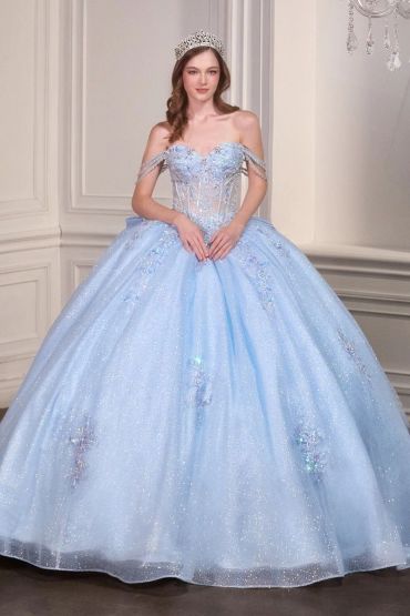 Woman in a glittery blue ball gown and tiara.