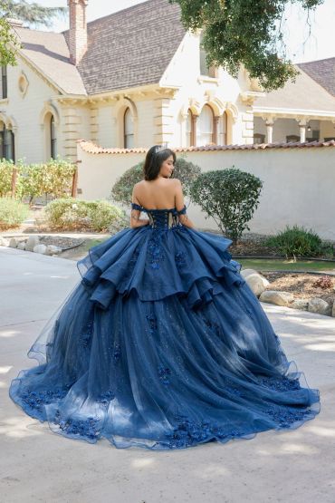 Woman in an elegant blue ball gown outdoors.
