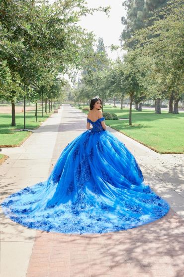 Woman in an elegant blue ball gown walking in a park.