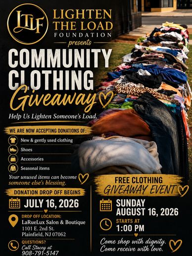 Community clothing giveaway event by Lighten The Load Foundation accepting donations and offering free clothes.