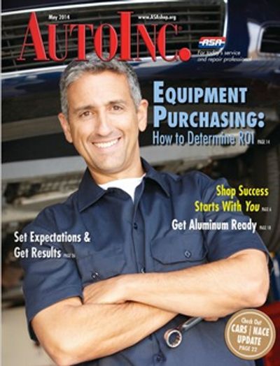 Smiling mechanic on AutoInc. magazine cover with equipment purchasing tips.