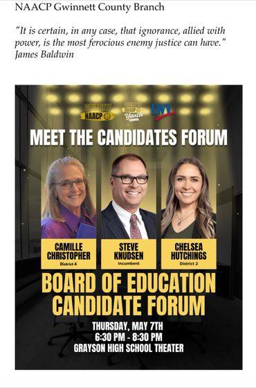 Poster for Gwinnett County Board of Education candidate forum featuring three candidates.