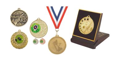 Examples of medals, medals gift box and neck ribbons