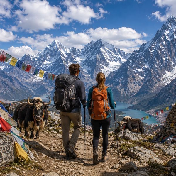 Two hikers walking in the mountains with yaks and prayer flags.