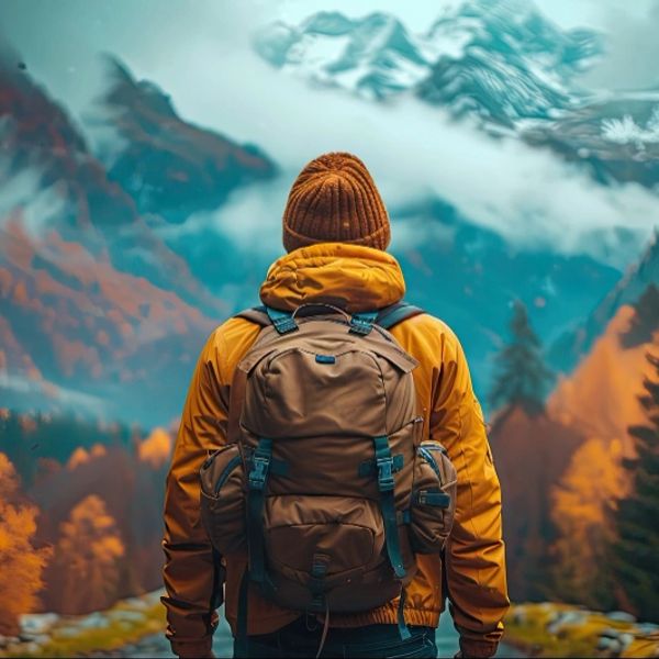 Person with backpack hiking in autumn mountains.