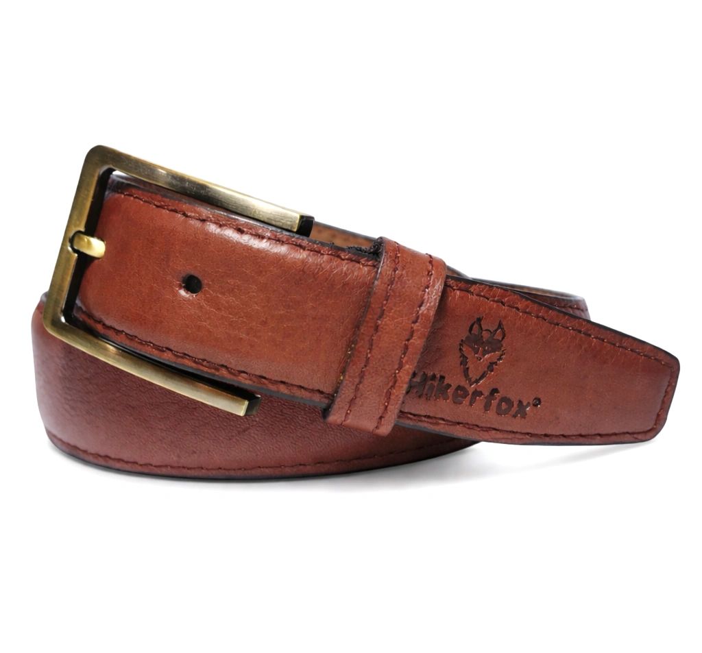 Reddish Brown Leather Belt – Antique Brass Buckle, Unisex | Hikerfox®