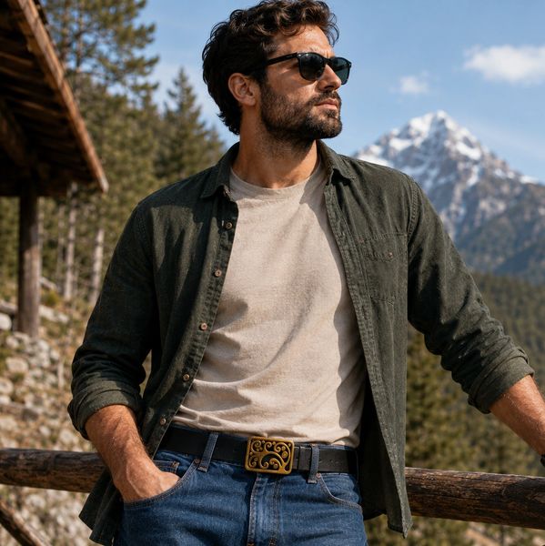 Man wearing sunglasses standing by a wooden railing with mountains in the background.