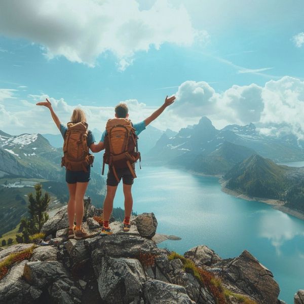 Two hikers enjoy a stunning mountain and lake view.