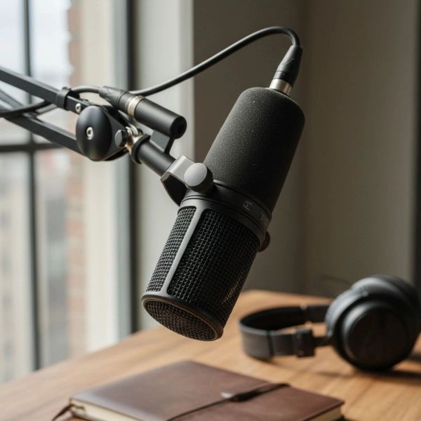 Professional microphone and headphones on a desk.