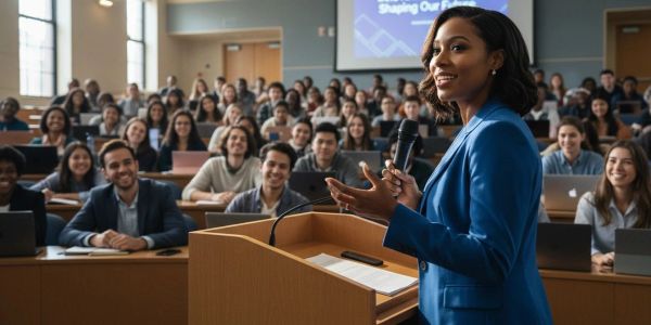 Confident woman speaking to a full classroom.