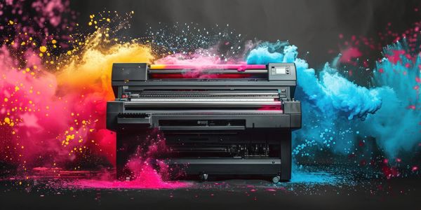 Large Format printer with colors exploding all around it.