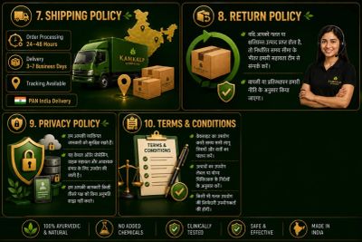 Shipping, return, privacy, and terms policies infographic with icons and text.