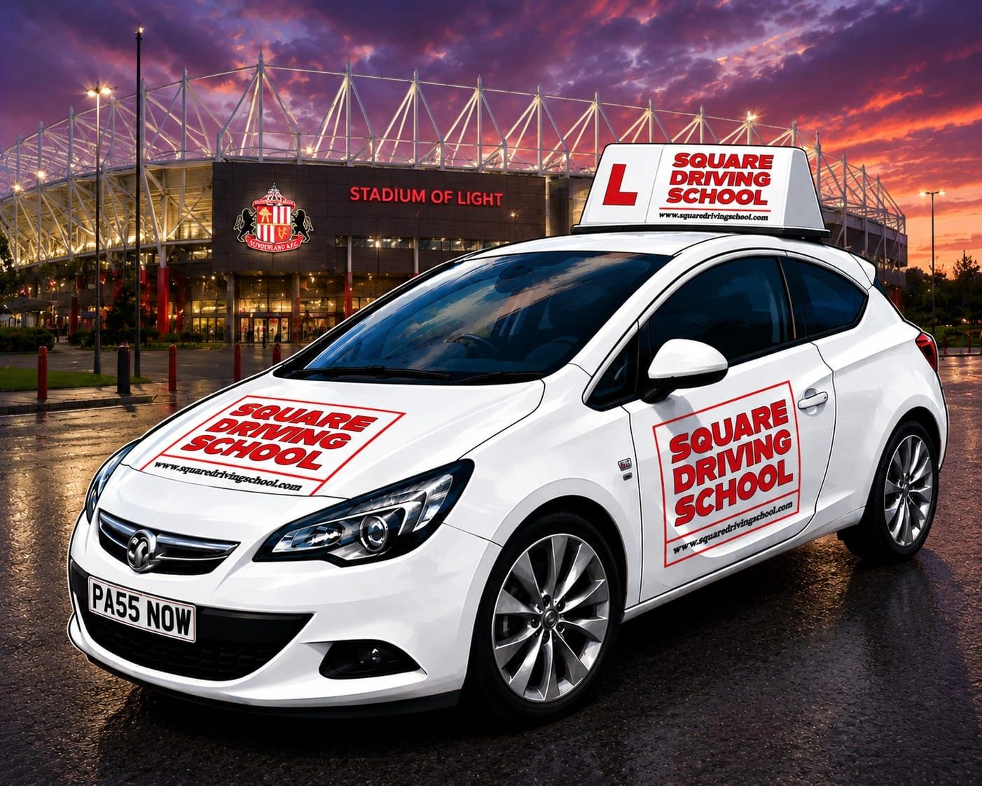 White driving school car parked outside Stadium of Light at sunset.