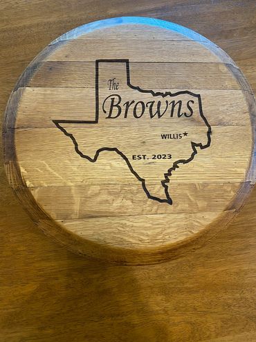Barrel Head Lazy Susan with the State of Texas Laser Burned on the front.