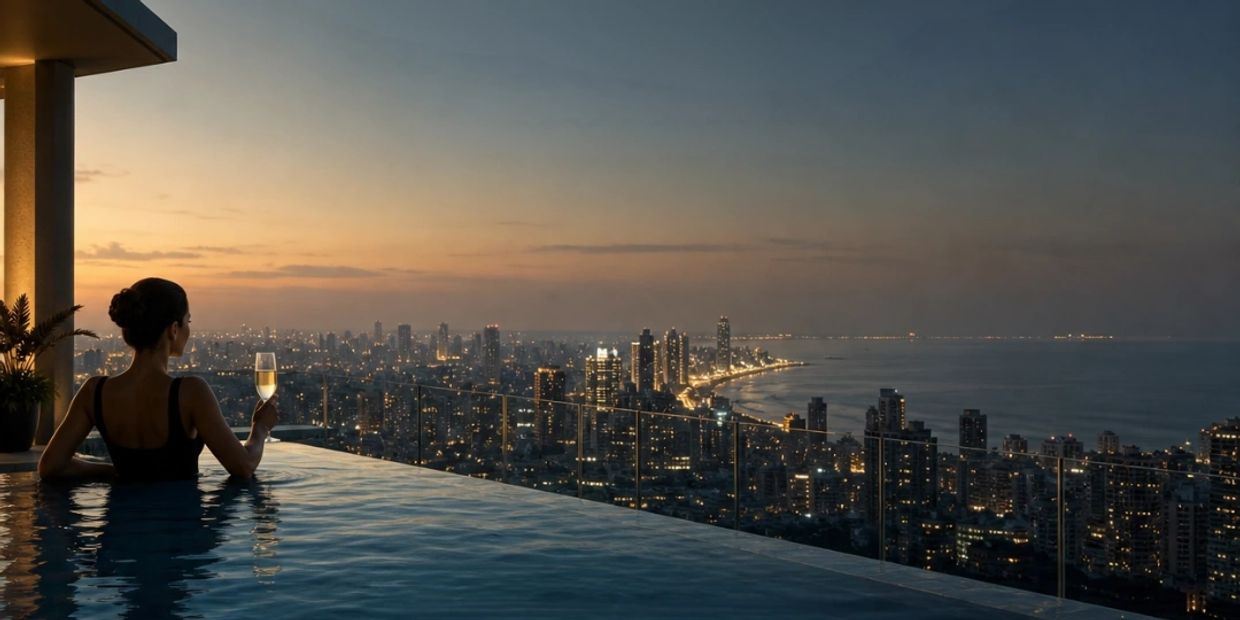 Woman enjoying a drink in an infinity pool with a cityscape at sunset.