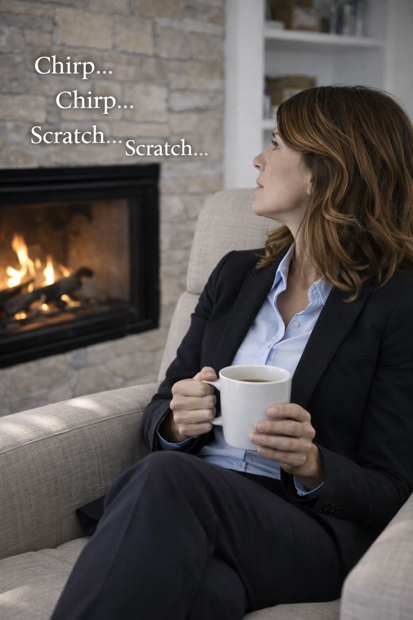 woman drinking coffee looking at fireplace where she hears bird noises