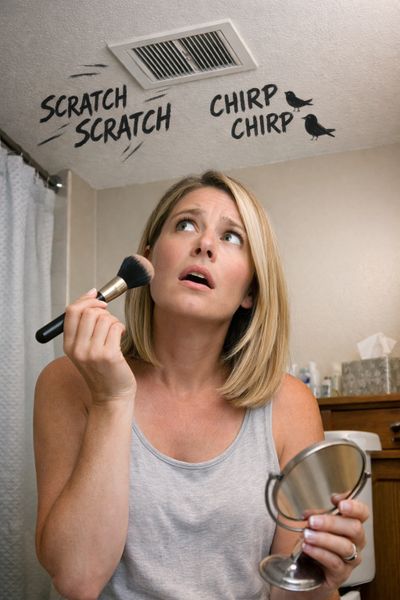 Woman looking up at ceiling with bird and scratch sound effects drawn above.