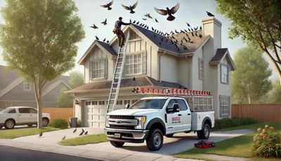 AI built picture showing service truck and ladder and tech on a ladder with house and birds and bats