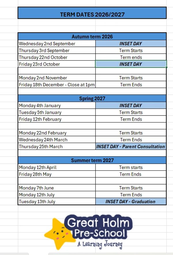 Term dates for Great Holm Pre-School 2026/2027 academic year.