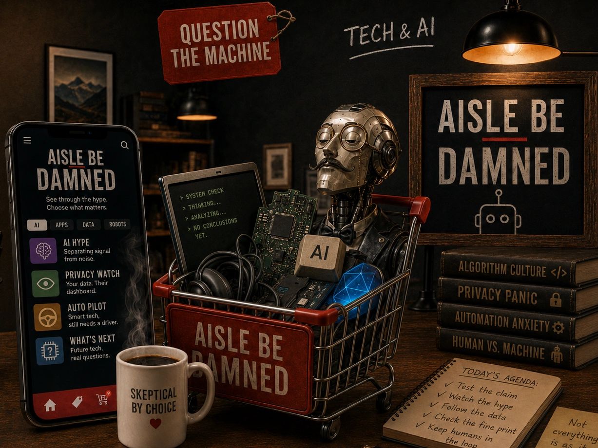 A robot with a mustache in a shopping cart surrounded by AI skepticism items.