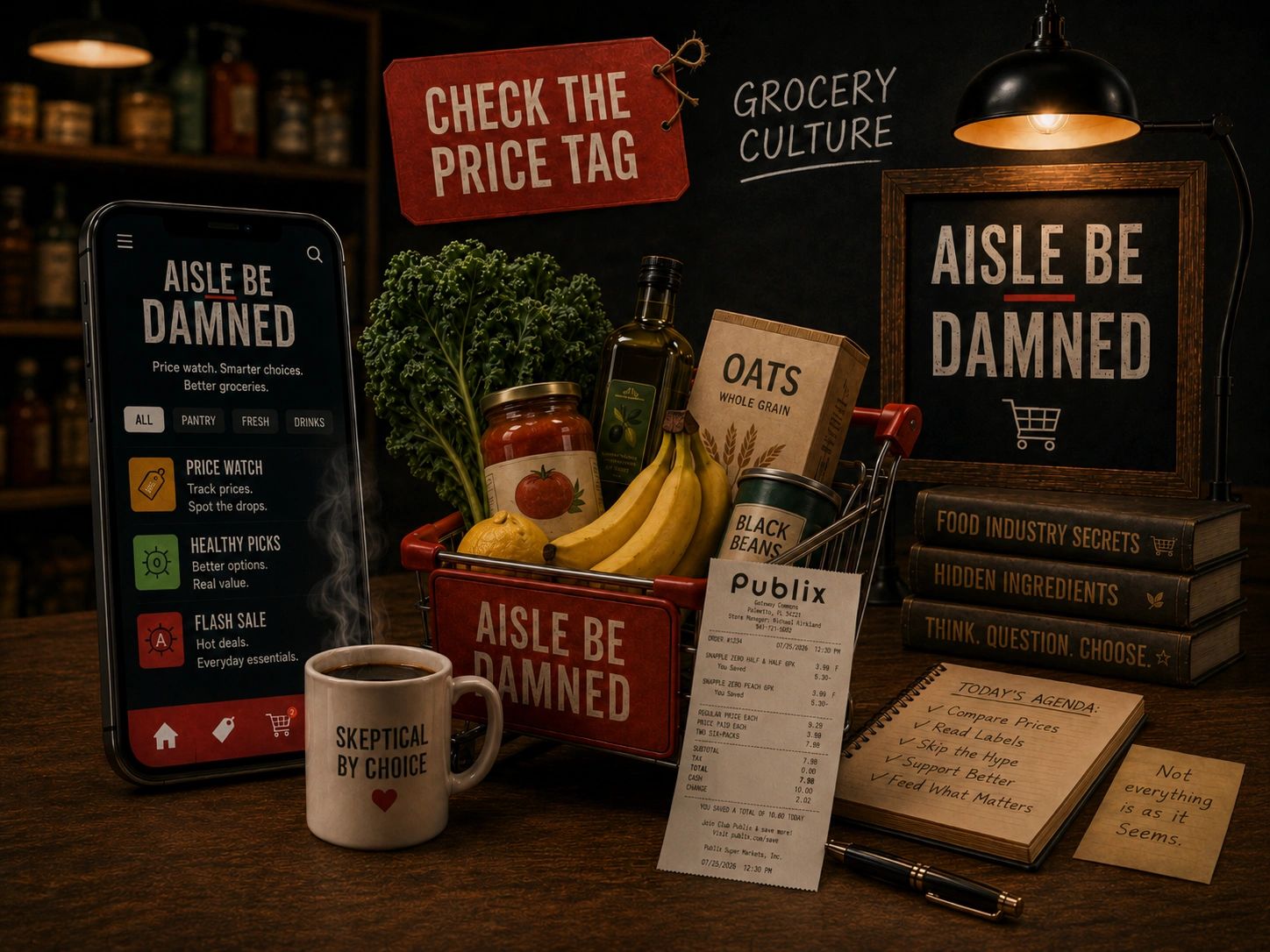 A grocery-themed setup promoting price awareness and smart shopping.