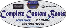 Complete Custom Boats logo with marine brand logos and contact info.