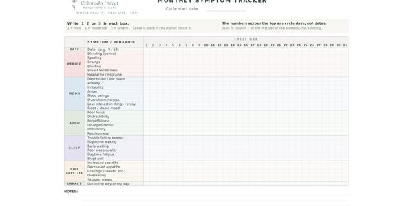 Monthly symptom tracker for health monitoring.