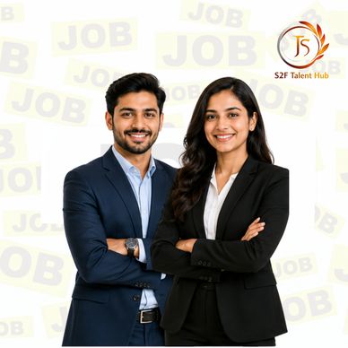 Two smiling professionals in business attire standing side by side.