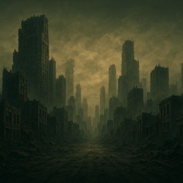 Dark, ruined cityscape engulfed in eerie fog and decay.